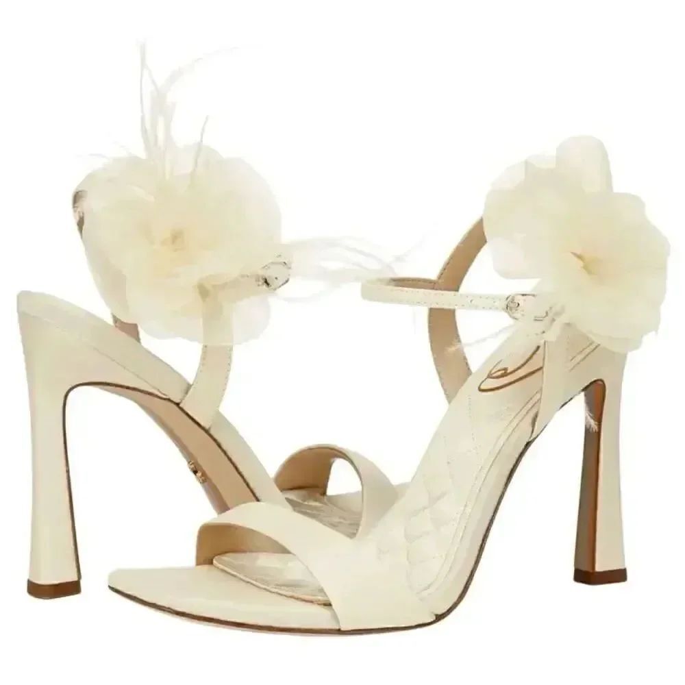SAM EDELMAN 8.5Leana Ankle Strap Sandal Feathered Floral square toe Slip on Heel